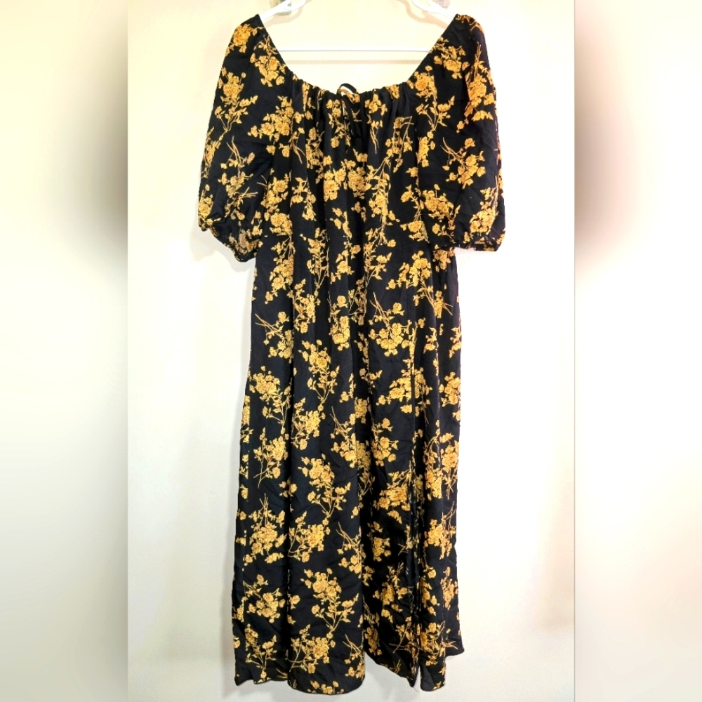 Yellow Floral Black Midi Dress with Puff Sleeves